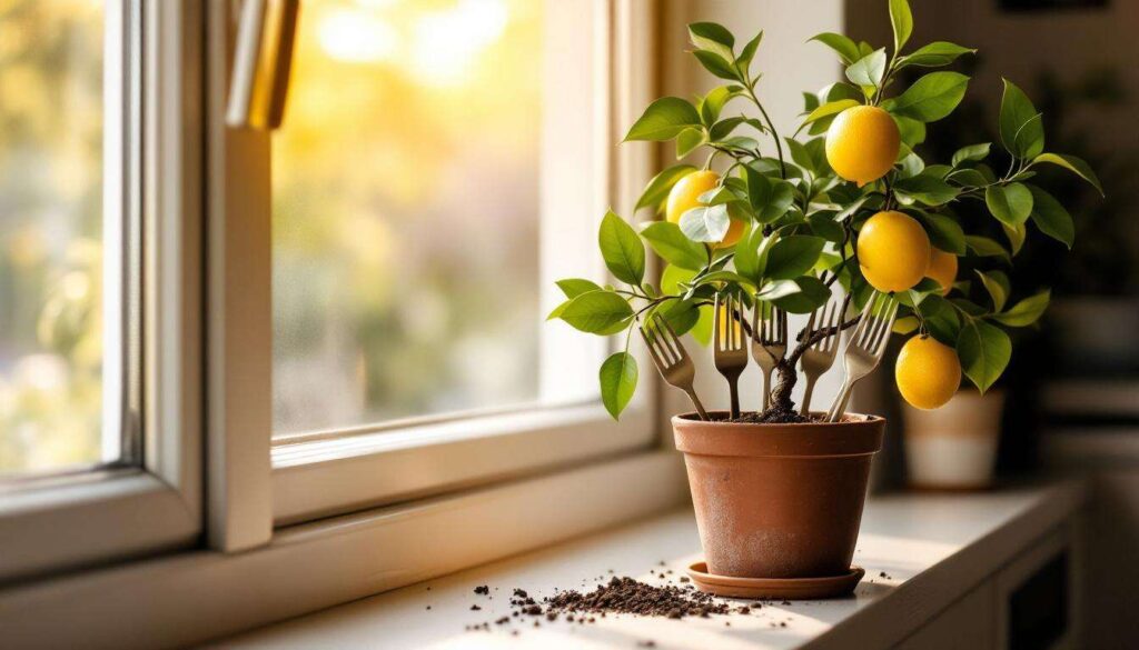 Widelce w donicy z cytryną: prosty trik, który zniechęca kota do kopania